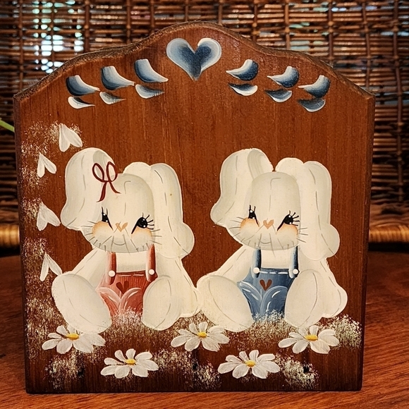 Handpainted Folk Bunny Rabbit Napkin Holder Wood Organizer Country - Picture 1 of 10